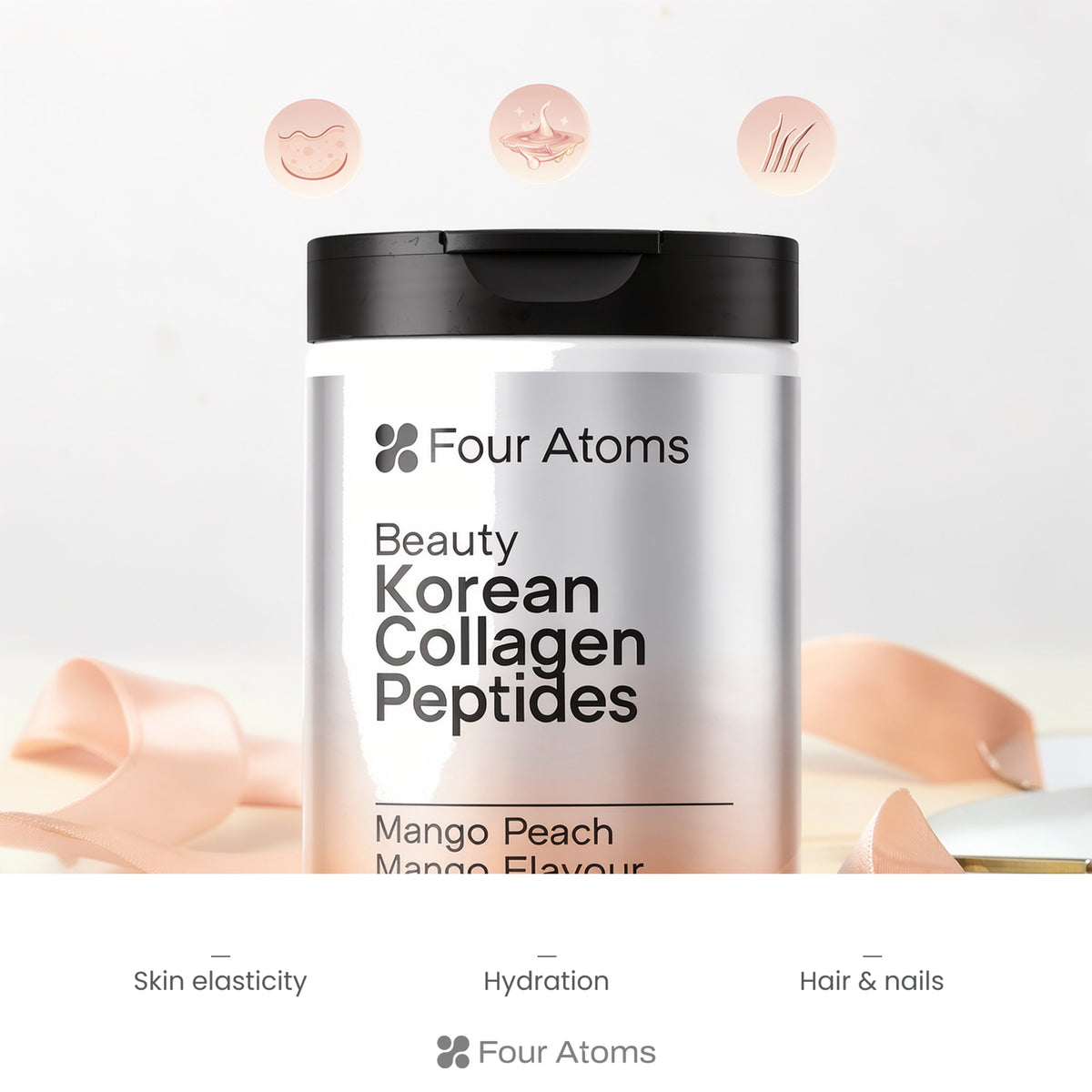 Four Atoms marine collagen powder glass mixed with water, mango peach drink