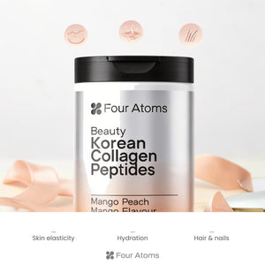 Four Atoms marine collagen powder glass mixed with water, mango peach drink
