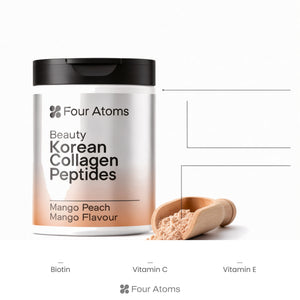 Four Atoms collagen powder key ingredients: hyaluronic acid, astaxanthin, biotin, vitamin C, vitamin E