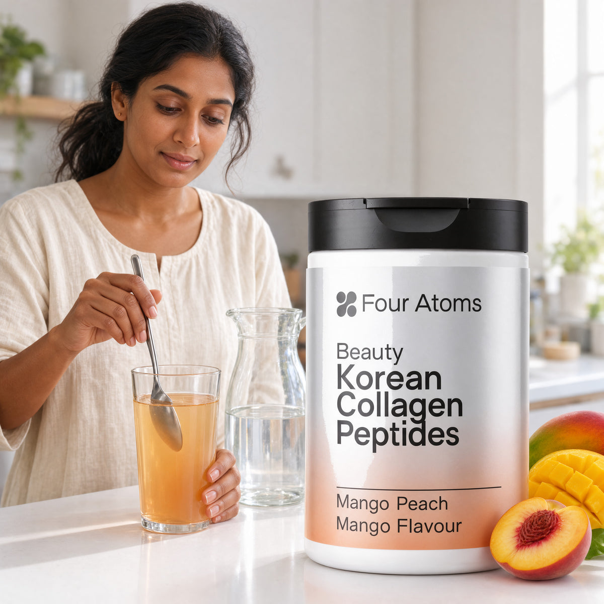 Four Atoms Beauty Collagen Powder label with usage and safety information