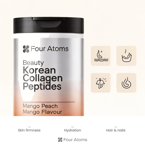 Four Atoms Advanced Collagen Peptides powder scoop beside a glass of mixed drink