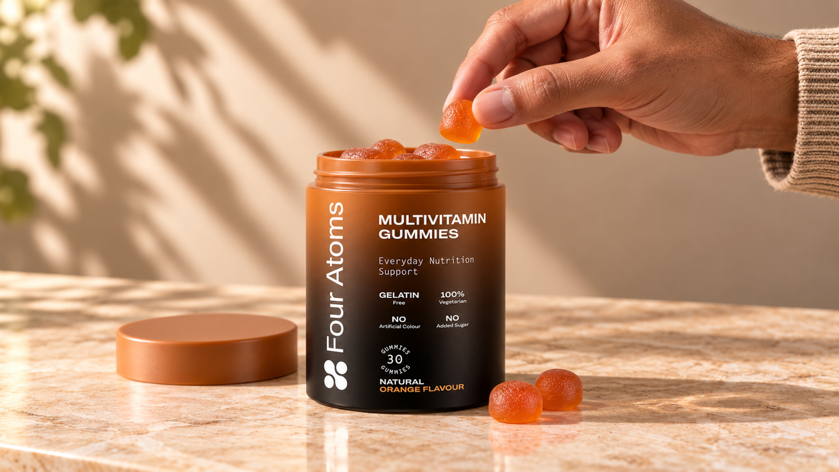 Four Atoms Multivitamin Gummies jar in sunlight