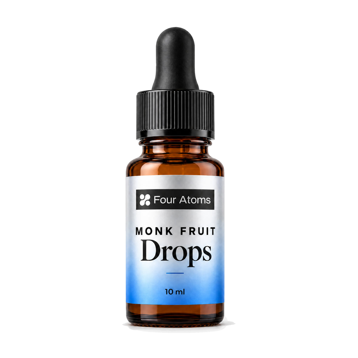 Four Atoms monk fruit drops 10 ml dropper bottle on a white background