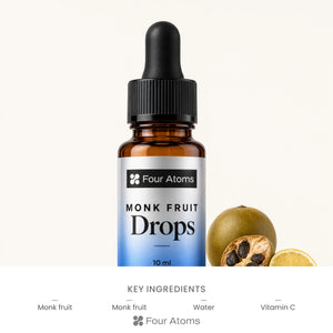 Four Atoms monk fruit drops 10 ml bottle in hand to show compact size