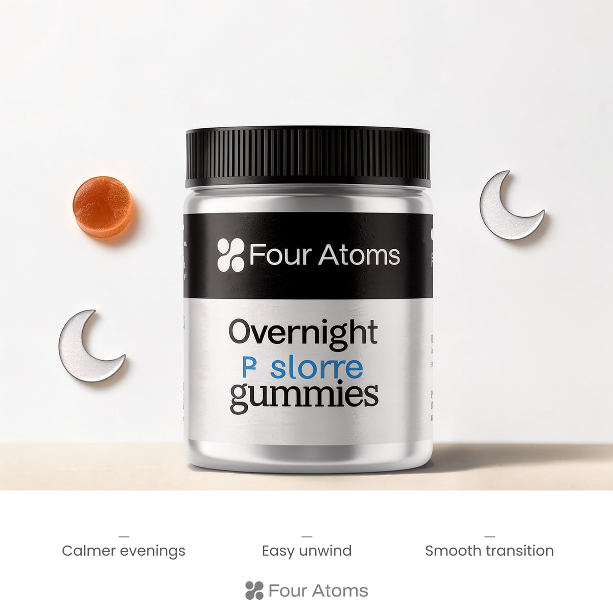 Four Atoms Overnight Restore gummies shown beside the pack