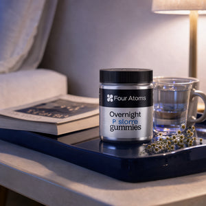 Four Atoms Overnight Restore gummies on a bedside table at night