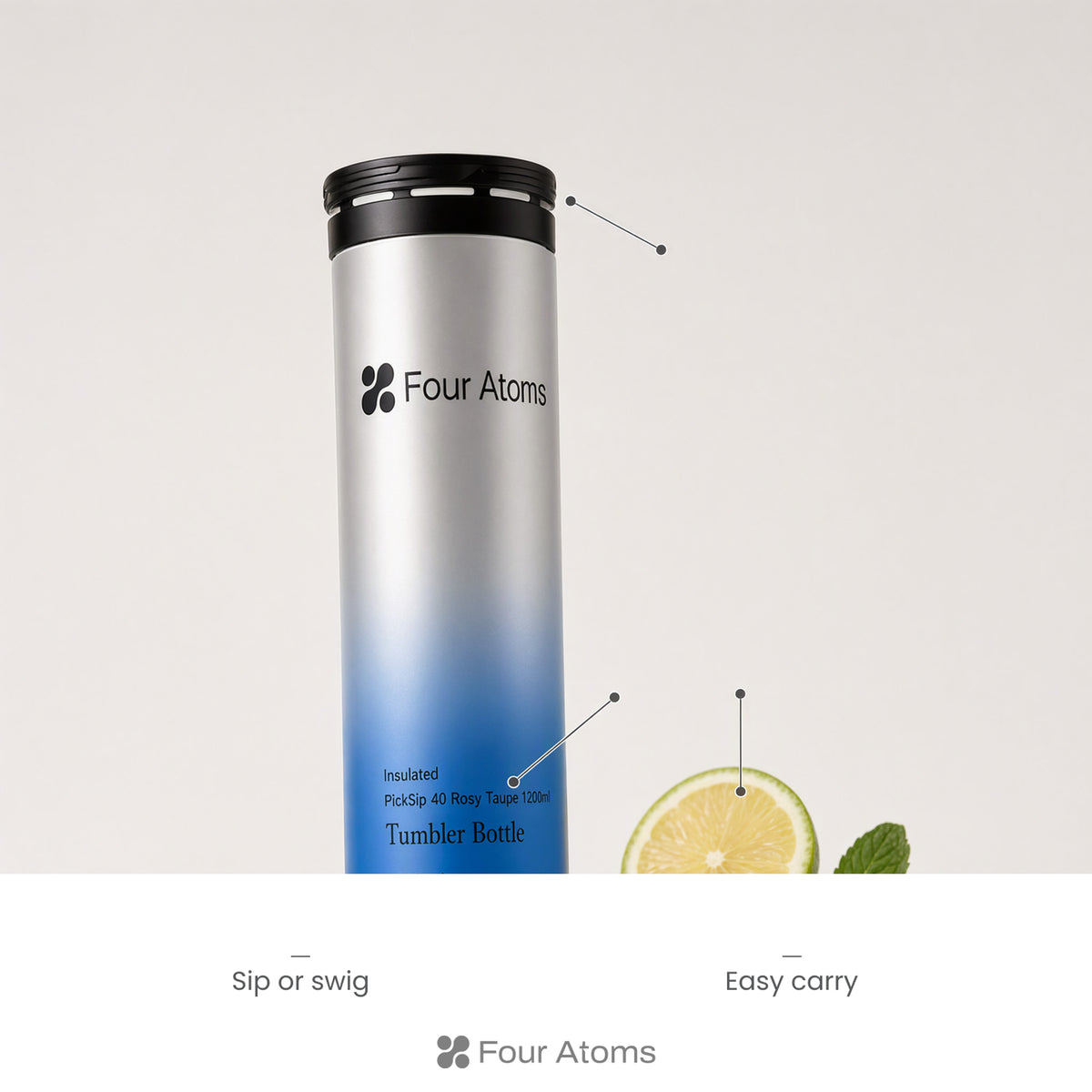 Four Atoms 1200 ml tumbler held by its integrated top handle