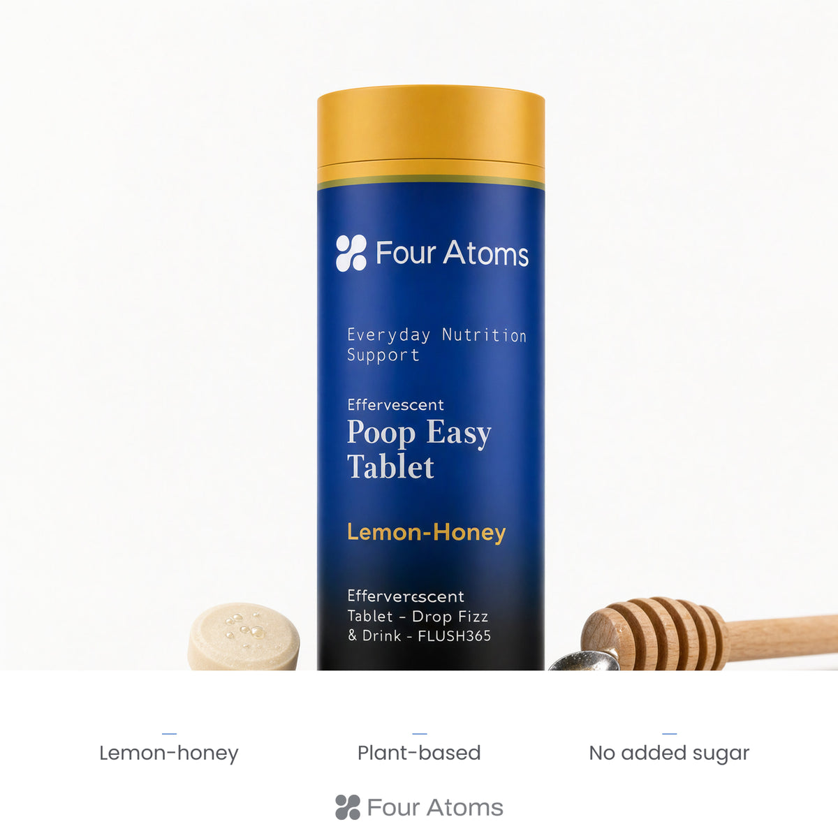 Glass of fizzy Lemon-Honey drink made with Four Atoms Poop Easy tablet