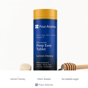 Glass of fizzy Lemon-Honey drink made with Four Atoms Poop Easy tablet